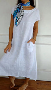Pure white round neck short sleeve pocket skirt