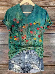 Vintage Floral Print V-neck Short Sleeve Tops