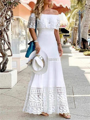 High Waisted Short Sleeve Hollow Solid Color Split-Joint Off-The-Shoulder Maxi Dress