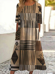 Vintage Geometric Print Round Neck Short Sleeve Dress