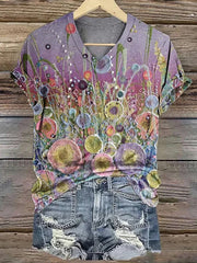 Multicolor Floral Print V-neck Short Sleeve T-Shirt