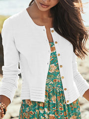 Plain Crew Neck Long Sleeve Buttons Vacation Cardigan