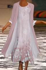 Floral Crew Neck 3/4 Sleeve Elegant Comfy Two Piece Maxi Dress