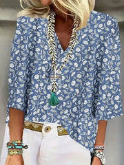 Floral V-neck 3/4 Sleeve Loose Casual Blouse