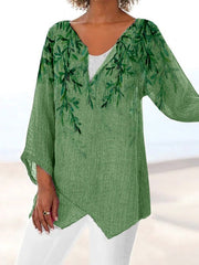 Leaf Print V-neck Casual 3/4 Sleeves Blouse