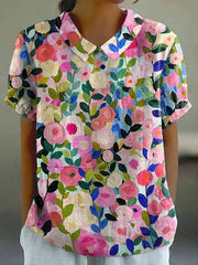 Colourful Floral Print Lapel Short Sleeve Casual Blouse