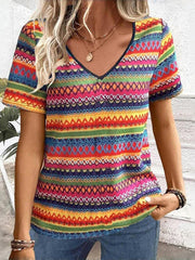 Colourful Line Print V-neck Short Sleeve Casual T-Shirt
