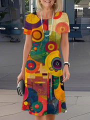 Multicolor Abstract Print Round Neck Short Sleeve Casual Mini Dress