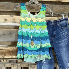 Green Wavy Ruffled V Neck Sleeveless Comfy Tank Top