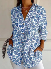 Vintage Ethnic Art Print Lapel Long Sleeve Loose Blouse