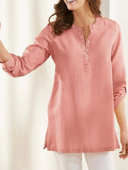 Pink Stand Collar V-neck Long Sleeve Solid with Buttons Blouse