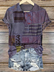 Vintage Patchwork Stripe Print V-neck Short Sleeve T-Shirt