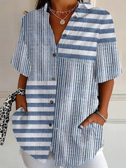 Blue Stripe Lapel Short Sleeve Casual Loose Blouse