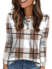 Casual Grid Print V-neck Long Sleeve Blouse