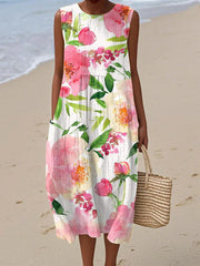 Floral Print Crew Neck Sleeveless Vintage Midi Dress