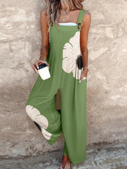 Floral Print Button Strap Wide Leg Jumpsuit Casual Loose Overalls with Pockets