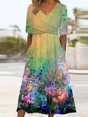 Vintage Floral Print V-neck Short Sleeve Side Pocket Casual Midi Dress