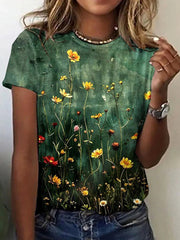 Green Vintage Floral Print Round Neck Short Sleeve T-Shirt