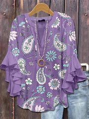 Purple Paisley Print V-neck 3/4 Sleeve Casual Loose Blouse