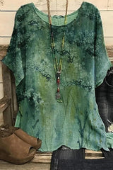 Green Floral Printed Round Neck Casual Short Sleeve Blouse