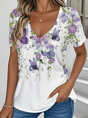 Butterfly Print V-neck Short Sleeve Casual T-Shirt