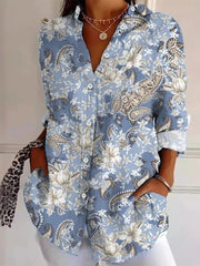 Floral Print Lapel Long Sleeve Casual Comfy Blouse