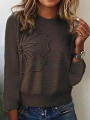 Coffee Floral Round Neck Long Sleeve Comfy Sweater