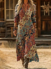 Vintage Ethnic Floral Print V-neck Long Sleeve Comfy Maxi Dress