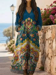 Vintage Floral Pattern Long Sleeve V-Neck Casual Cotton Maxi Dress