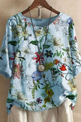 Round Neck Floral Print Half Sleeves Casual Blouse