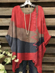 Round Neck Colorblock Print Long Sleeves Irregular Hem Casual Blouse