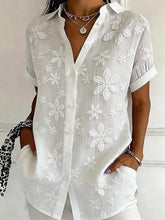 Women Shirt Collar Short Sleeve Floral Embossed Loose Button Up Shirt