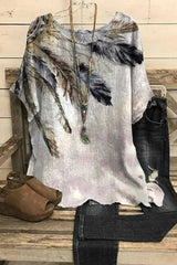 Round Neck Western Print Short Sleeves Blouse