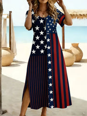 Women's Independence Day American Flag Print Crew Neck Casual Maxi Dress