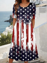 Vintage American Flag Print Crew Neck Short Sleeve A-Line Maxi Dress