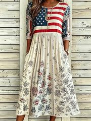 Women American Flag Floral Print Summer Dress Crew Neck Half Sleeve A-Line Dress