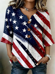 Women V Neck Half Sleeve American Flag Print Casual Blouse