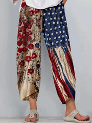 Women Vintage American Flag & Floral Print Harem Ankle Pants