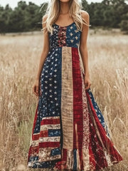 Women Vintage American Flag Print Sleeveless V Neck Fit & Flare Maxi Dress