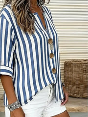 Vintage Striped Stand Collar 3/4 Sleeve Loose Cotton Linen Women Blouse