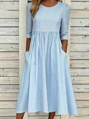 Women Striped Crew Neck Half Sleeve H-Line Maxi Dress