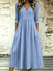 Women V Neck Three Quarter Sleeve Striped A-Line Midi Dress