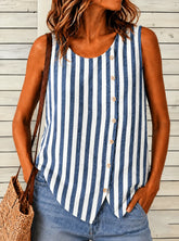 Women Crew Neck Sleeveless Striped Button Front Casual Tank Top