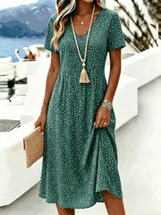 Women V Neck Short Sleeve Polka Dot Regular Fit A-Line Midi Dress