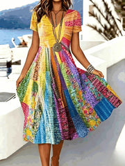 Women V-Neck Short Sleeve Random Print A-Line Midi Dress