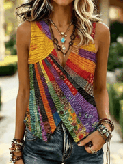 Women V-Neck Sleeveless Boho Multicolor Block Print Vest