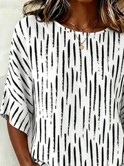 Crew Neck Half Sleeve Abstract Stripes Printing Regular Micro-Elasticity Blouse For Women