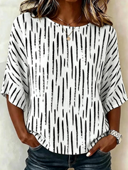 Crew Neck Half Sleeve Abstract Stripes Printing Regular Micro-Elasticity Blouse For Women