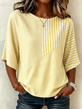 Crew Neck Half Sleeve Striped Printing Regular Micro-Elasticity Blouse For Women