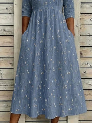Women Floral Summer Printing Crew Neck Half Sleeve H-Line Maxi Dress